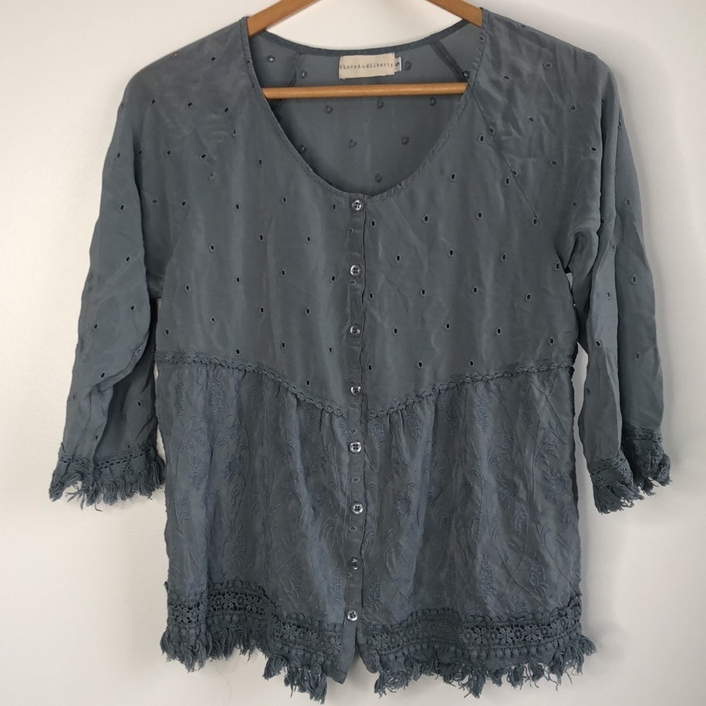 Johnny Was 4 Love And Liberty blue eyelet blouse - Picture 5 of 7